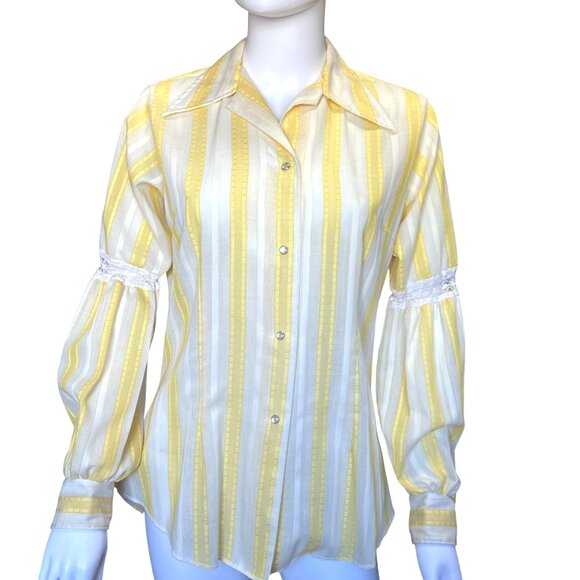 Yellow & White Striped Button-Up Blouse Lace Trim & Puff Sleeves Womens Vintage - Picture 1 of 15